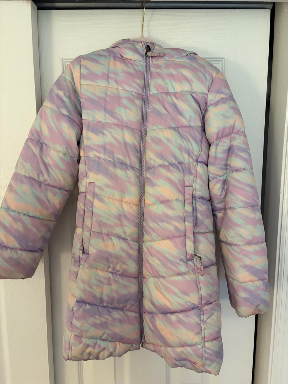 Lands' End Girls' Pastel Tie-Dye Hooded Puffer Jacket - Pink & Lavender